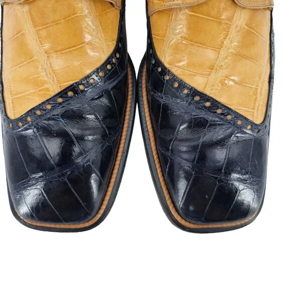 Mauri Vintage Alligator Exotic Mens 12M Honey Tan Navy Blue Dress Shoes Italy - Picture 8 of 10